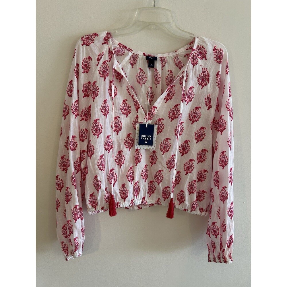 NEW! Roller Rabbit Pink Floral Bloc Print Blouse Tassel Tie Size M